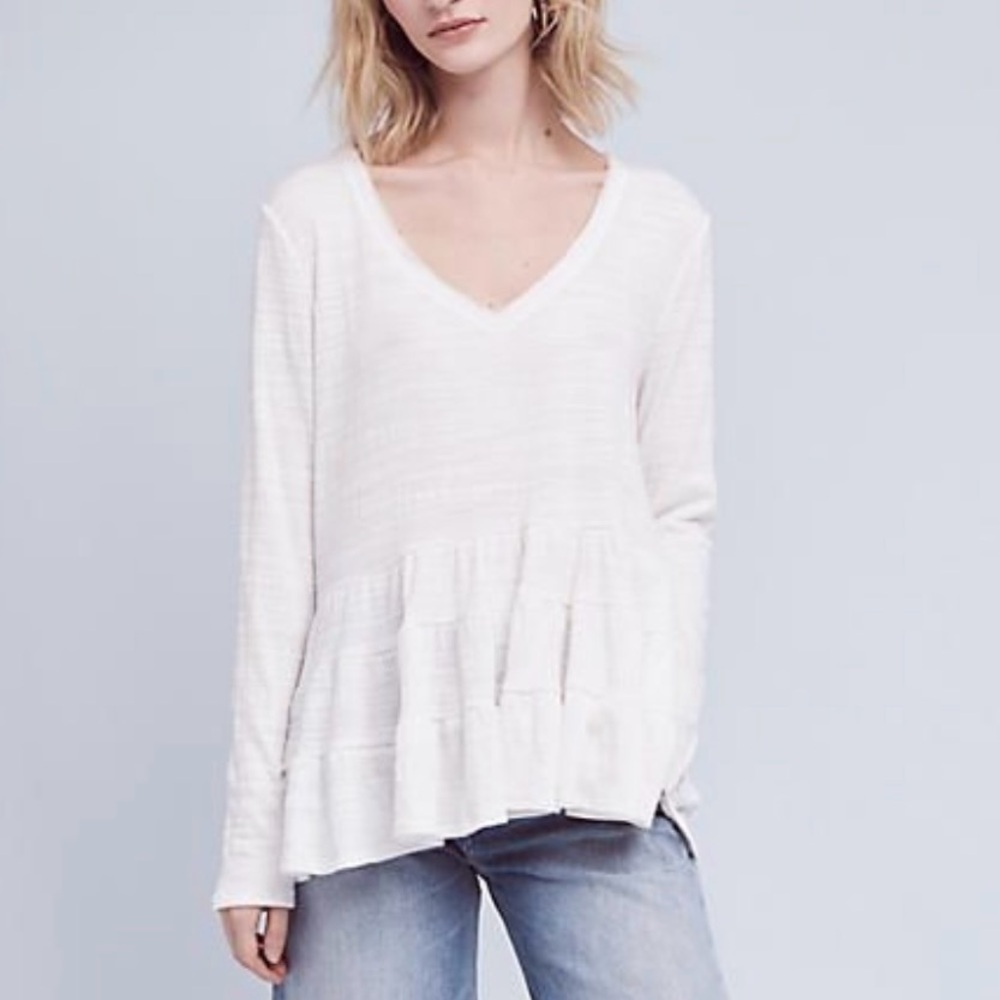 Anthropologie Deletta Thea Ruffled Peplum Top Off White Flowy V-neck Tiered